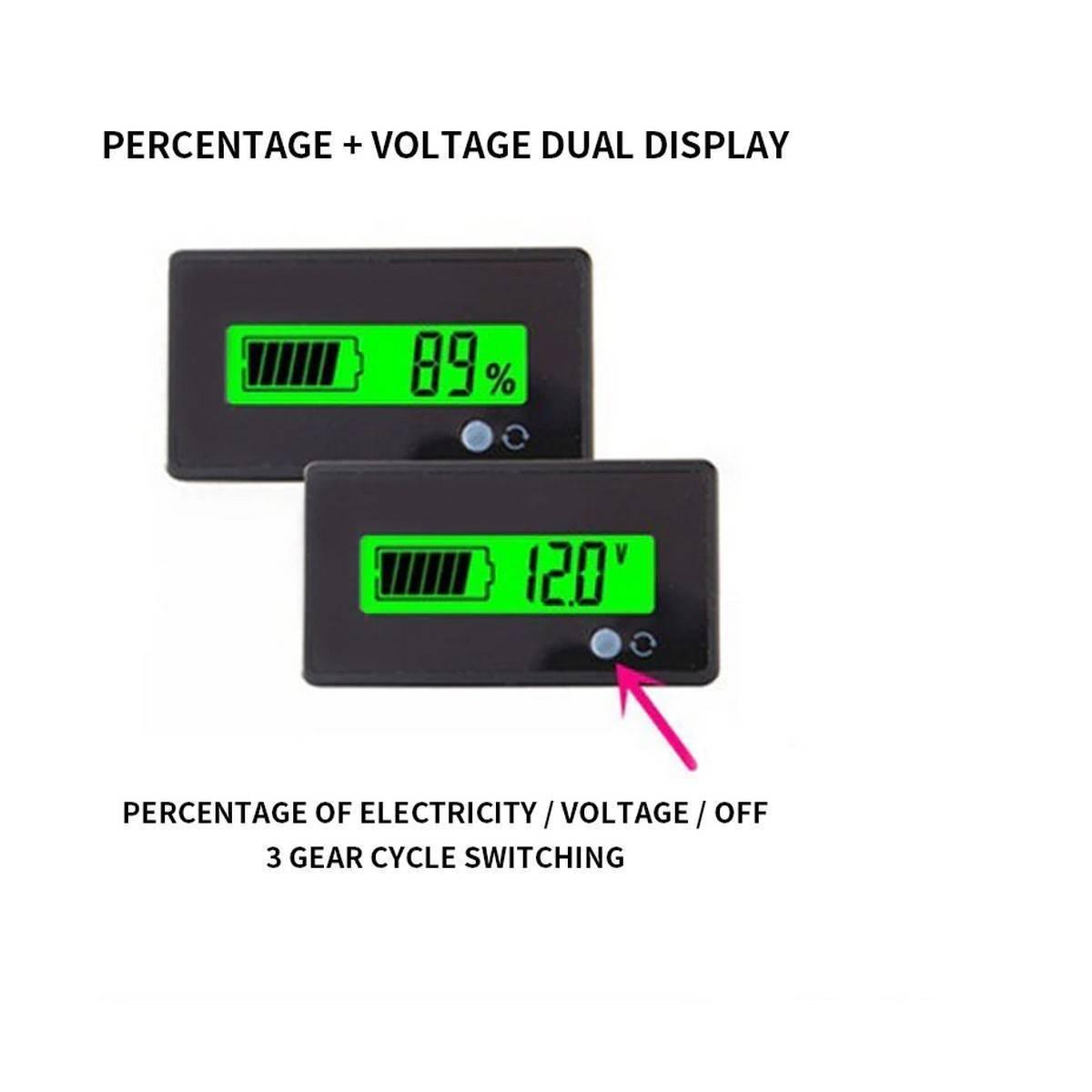 Battery Capacity Meter 12V-48V Lead-acid Battery Capacity And Voltage Indicator - two black rectangular units with green digital displays reading 89% and 12.0V, each featuring a small round button.