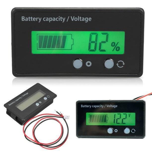 Battery Capacity Meter 12V-48V Lead-acid Battery Capacity And Voltage Indicator - three units with green displays, two buttons, and a red-black wire.