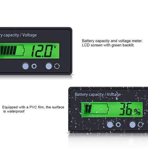 Battery Capacity Meter 12V-48V Lead-acid Battery Capacity And Voltage Indicator - two black rectangular units with green backlit LCD screens displaying voltage and percentage levels with three buttons.