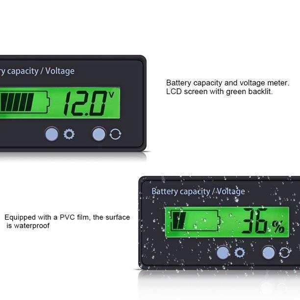 Battery Capacity Meter 12V-48V Lead-acid Battery Capacity And Voltage Indicator - two black rectangular units with green backlit LCD screens displaying voltage and percentage levels with three buttons.