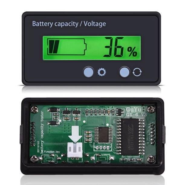 Battery Capacity Meter 12V-48V Lead-acid Battery Capacity And Voltage Indicator - the black front display reading 36% and the green circuit board back with a white connector and two buttons.