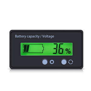 Battery Capacity Tester, LCD Display Digital Lithium Battery Status Display Capacity Voltage Meter Tester Voltmeter 12-48V Battery - a black rectangular digital meter with a green LCD screen displaying a battery icon and 36%, featuring two control buttons below.