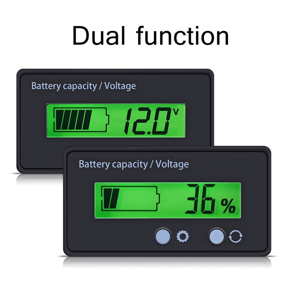 Battery Capacity Tester, LCD Display Digital Lithium Battery Status Display Capacity Voltage Meter Tester Voltmeter 12-48V Battery - two black rectangular units with green LCD screens displaying 12.0V and 36% capacity, with two buttons on the front.