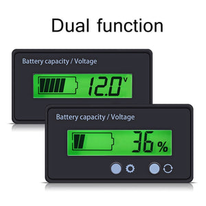 Battery Capacity Tester, LCD Display Digital Lithium Battery Status Display Capacity Voltage Meter Tester Voltmeter 12-48V Battery - two black rectangular units with green LCD screens displaying 12.0V and 36% capacity, with two buttons on the front.