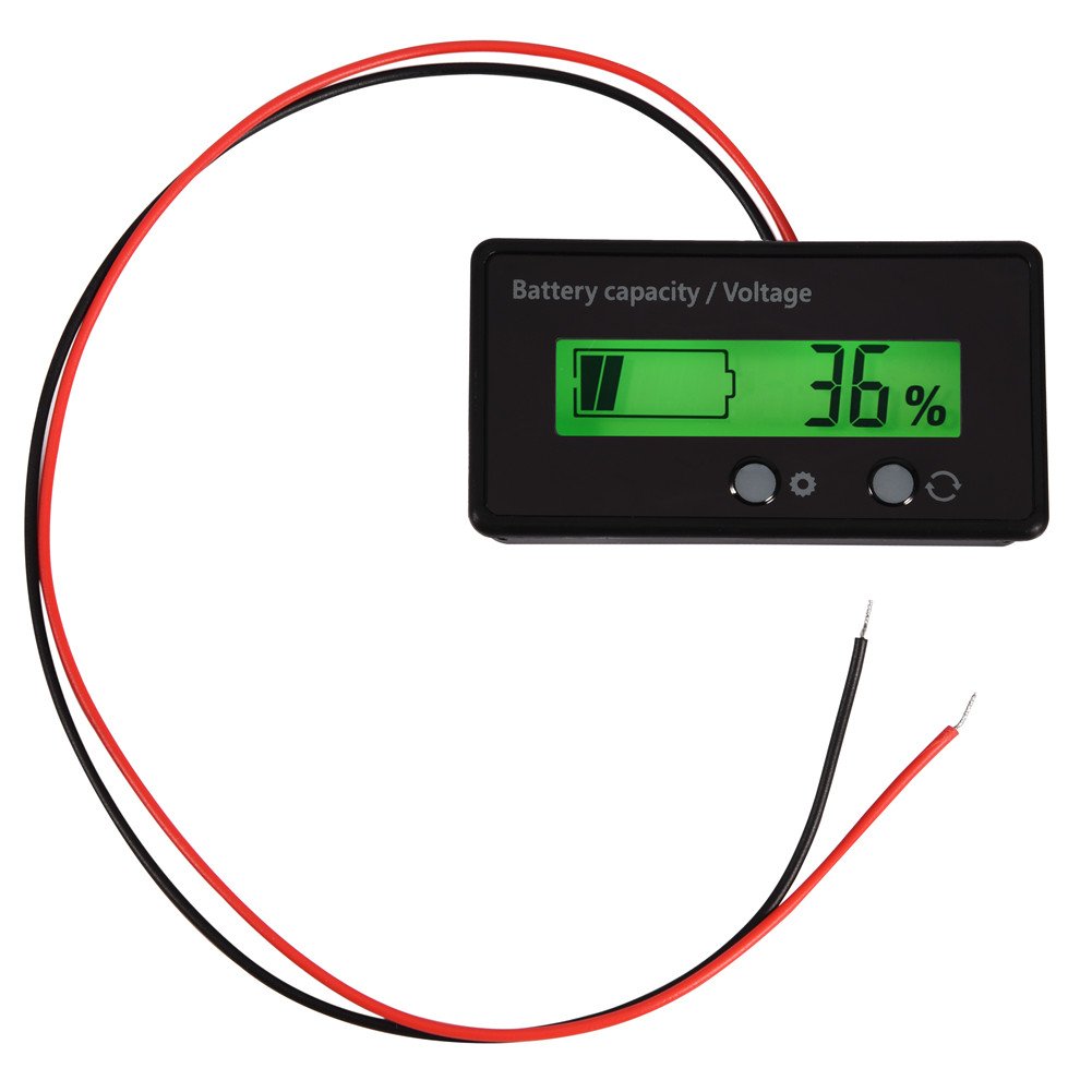 Battery Capacity Tester, LCD Display Digital Lithium Battery Status Display Capacity Voltage Meter Tester Voltmeter 12-48V Battery - with a black rectangular housing, a green LCD screen displaying 36%, two circular buttons, and attached red and black wires.