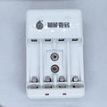 Battery Charger With Discharge Function For AA, AAA, 9V DC 20mA Rechargeable Batteries - white four-slot charging unit with two 9V battery terminals.