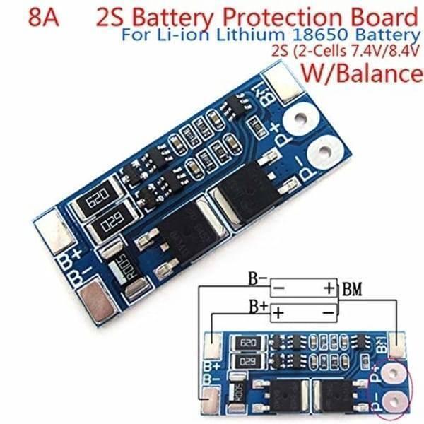 Battery Protection Board 2s 8A BMS For 18650 Lithium Ion Cells HX-2S-JH10 - two blue rectangular circuit boards with solder pads, electronic components, and a wiring diagram.