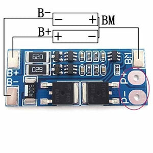 Battery Protection Board 2s 8A BMS For 18650 Lithium Ion Cells HX-2S-JH10 - a blue circuit board with soldering pads and a wiring diagram for two batteries.