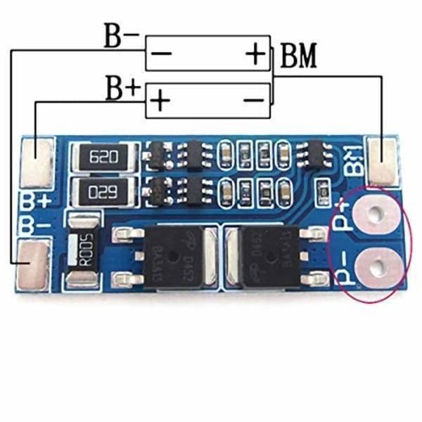 Battery Protection Board 2s 8A BMS For 18650 Lithium Ion Cells HX-2S-JH10 - a blue circuit board with soldering pads and a wiring diagram for two batteries.
