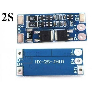 Battery Protection Board 2s 8A BMS For 18650 Lithium Ion Cells HX-2S-JH10 - the top and bottom sides of the rectangular blue circuit board with labeled connection pads.