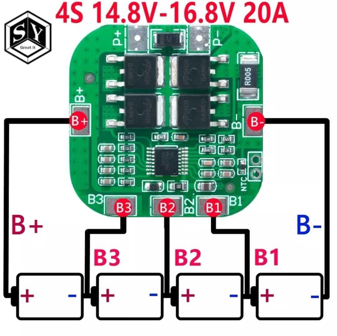 Battery Protection Board 4s 20A 14.8V BMS For 18650 Lithium Ion Cells HX-4s-A20 - green circuit board with four MOSFETs and labeled solder pads connected to a diagram of four battery cells.