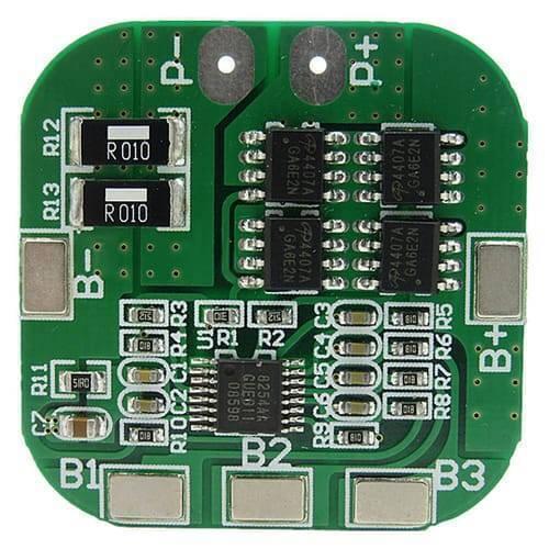 Battery Protection Board 4s 20A 14.8V BMS For 18650 Lithium Ion Cells HX-4s-A20 - a square green circuit board with four MOSFETs and labeled terminals.
