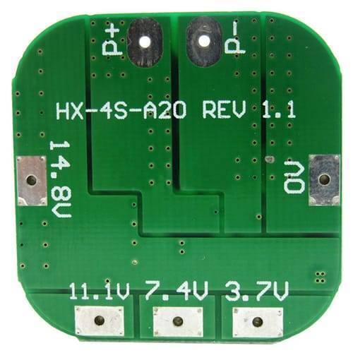 Battery Protection Board 4s 20A 14.8V BMS For 18650 Lithium Ion Cells HX-4s-A20 - the green circuit board with labeled voltage and connection pads.