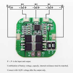 Battery Protection Board 4s 20A 14.8V BMS For 18650 Lithium Ion Cells HX-4s-A20 - a green square circuit board with solder pads, electronic components, and a wiring diagram for four cells.