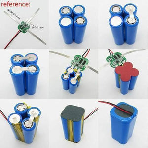 Battery Protection Board 4s 20A 14.8V BMS For 18650 Lithium Ion Cells HX-4s-A20 - shown in a multi-step assembly sequence with four blue batteries, nickel strips, and wiring.