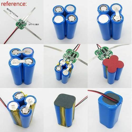Battery Protection Board 4s 20A 14.8V BMS For 18650 Lithium Ion Cells HX-4s-A20 - shown in a multi-step assembly sequence with four blue batteries, nickel strips, and wiring.