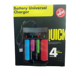 Battery Universal Charger I4 New - a black four-slot charger with a USB cable and four different sized batteries inserted.