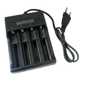 Battery Universal Charger I4 New - a black, four-slot lithium-ion battery charger with an attached power cord and a two-pin plug.