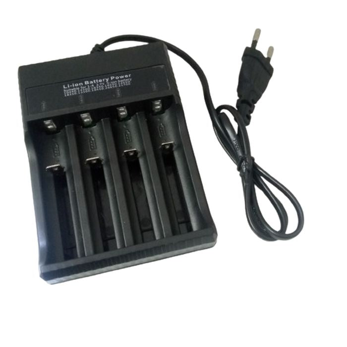 Battery Universal Charger I4 New - a black, four-slot lithium-ion battery charger with an attached power cord and a two-pin plug.