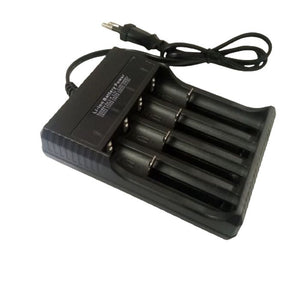 Battery Universal Charger I4 New - a black, four-slot lithium-ion battery charger with an attached power cord and plug.