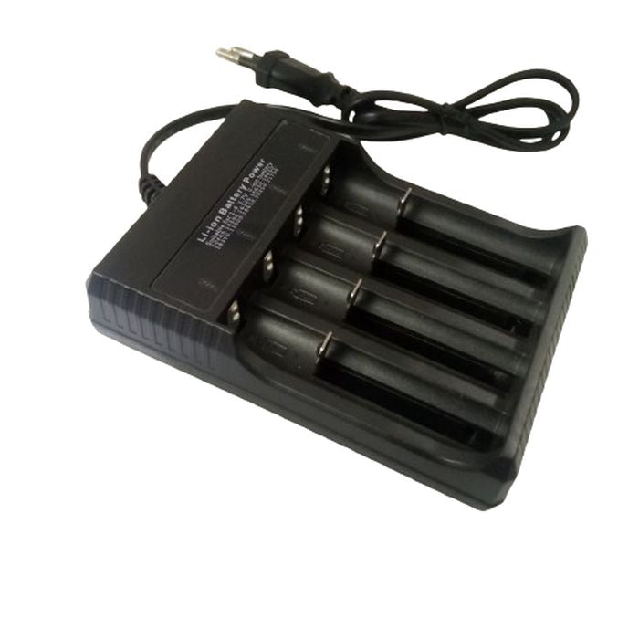 Battery Universal Charger I4 New - a black, four-slot lithium-ion battery charger with an attached power cord and plug.