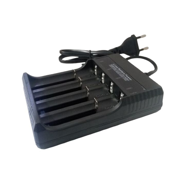 Battery Universal Charger I4 New - a black four-slot battery charger with an attached power cord and a two-pin plug.
