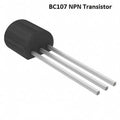 BC107 NPN General Purpose Transistor - shown as a black cylindrical electronic component with three straight metal pins extending from its flat side.