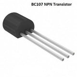 BC107 NPN General Purpose Transistor - shown as a black cylindrical electronic component with three straight metal pins extending from its flat side.