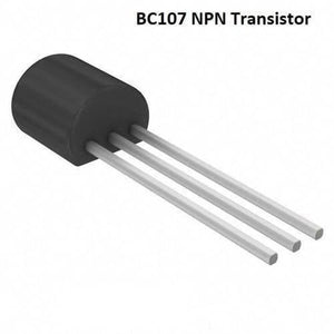 BC107 NPN General Purpose Transistor - shown as a black cylindrical electronic component with three straight metal pins extending from its flat side.