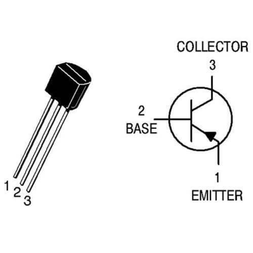 BC107 NPN General Purpose Transistor - shown as a black three-pin component next to a schematic diagram labeling the emitter, base, and collector pins.
