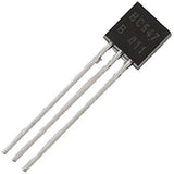 BC547 NPN Transistor - a black plastic electronic component with three long metal pins, showing the text "BC547 B 011" printed on its face.
