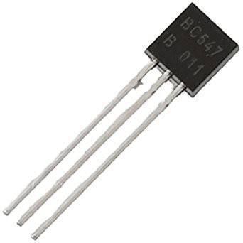 BC547 NPN Transistor - a black plastic electronic component with three long metal pins, showing the text "BC547 B 011" printed on its face.