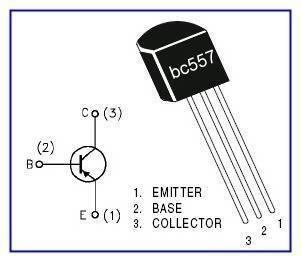 BC557 PNP Transistor – High-quality General Purpose Transistor - a technical diagram of the transistor component with its three pins labeled as emitter, base, and collector.
