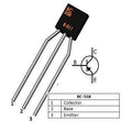 BC558 PNP Transistor - a black three-pin component, a schematic symbol, and a table identifying the collector, base, and emitter pinout.