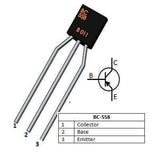 BC558 PNP Transistor - a black three-pin component, a schematic symbol, and a table identifying the collector, base, and emitter pinout.