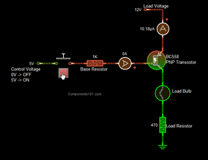 BC558 PNP Transistor - shown in a circuit simulation diagram with a 12V load, a 1K base resistor, a push-button switch, and digital ammeter readouts.
