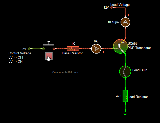 BC558 PNP Transistor - shown in a circuit simulation diagram with a 12V load, a 1K base resistor, a push-button switch, and digital ammeter readouts.