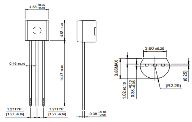 BC558 PNP Transistor - the technical specifications, pin layout, and physical measurements of the electronic component.
