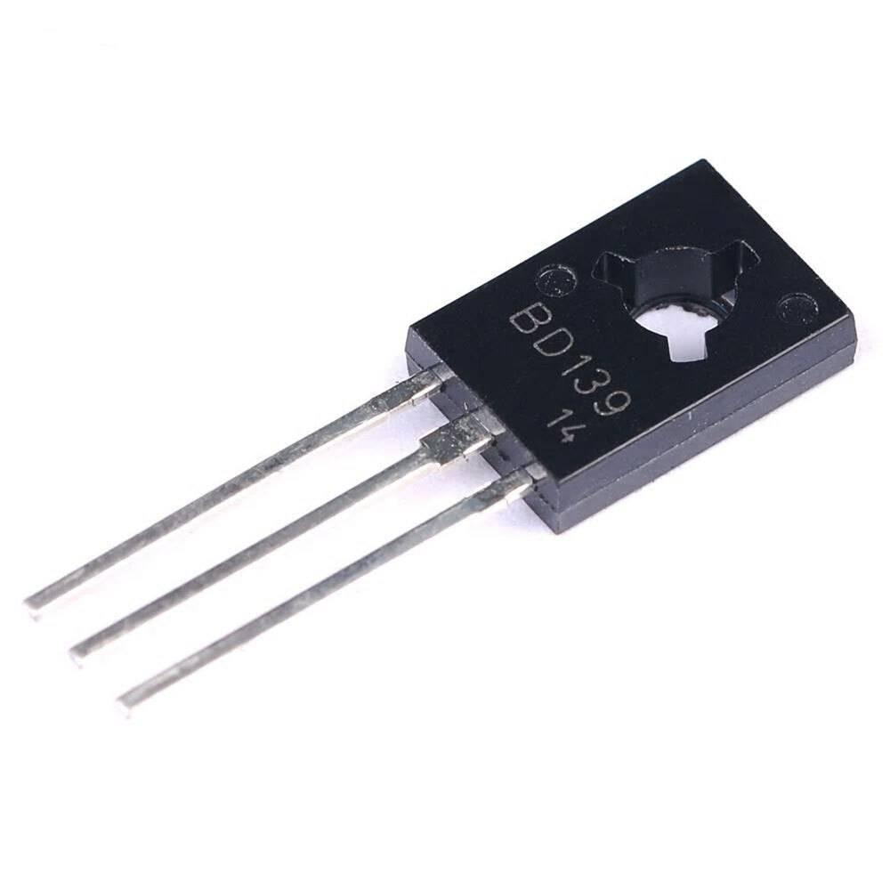 BD139 NPN Transistor - a black electronic component with three metal pins and a mounting hole, shown from a top-down angle against a white background.