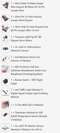 Beaconhouse - a list of electronic components including jumper wires, a servo motor, sensors, a breadboard, a switch, a fan, and a traffic light module.