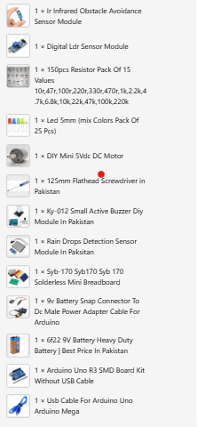 Beaconhouse - a list of electronic components including an Arduino Uno board, sensors, a breadboard, a DC motor, resistors, LEDs, and a 9V battery.