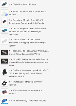 Beaconhouse Arduino Starter Kit - a list of electronic components including sensors, a breadboard, jumper wires, an RGB LED, and relay modules.