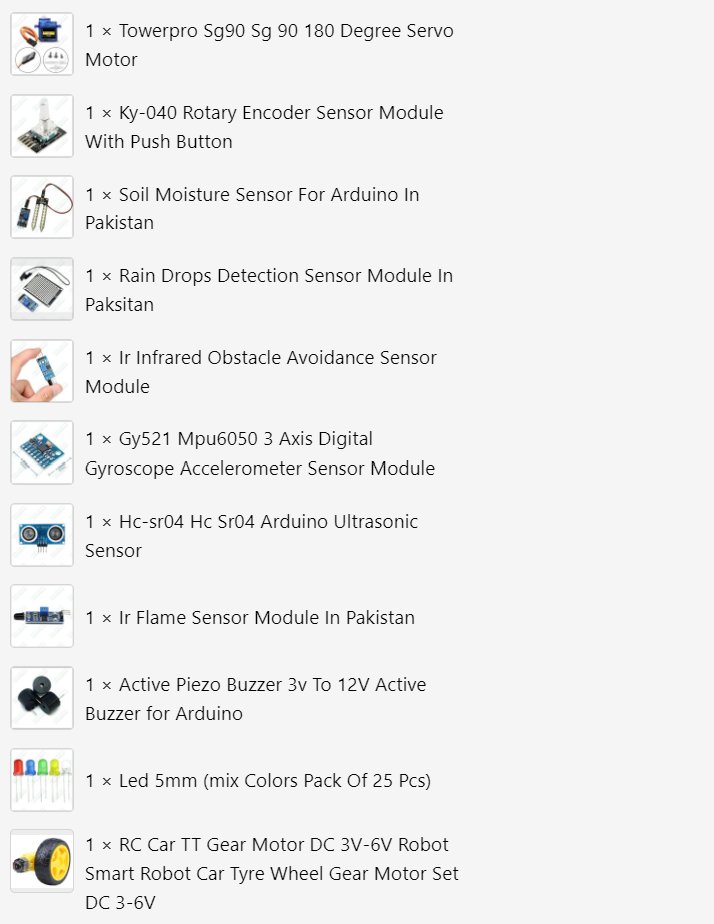 Beaconhouse Arduino Starter Kit - a list of twelve electronic components including a servo motor, sensors, buzzer, LEDs, and a gear motor with a wheel.
