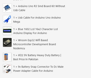 Beaconhouse Arduino Starter Kit - contents list including an Arduino Uno board, blue USB cable, 16x2 LCD, ESP32 board, 9V battery, and a battery connector.