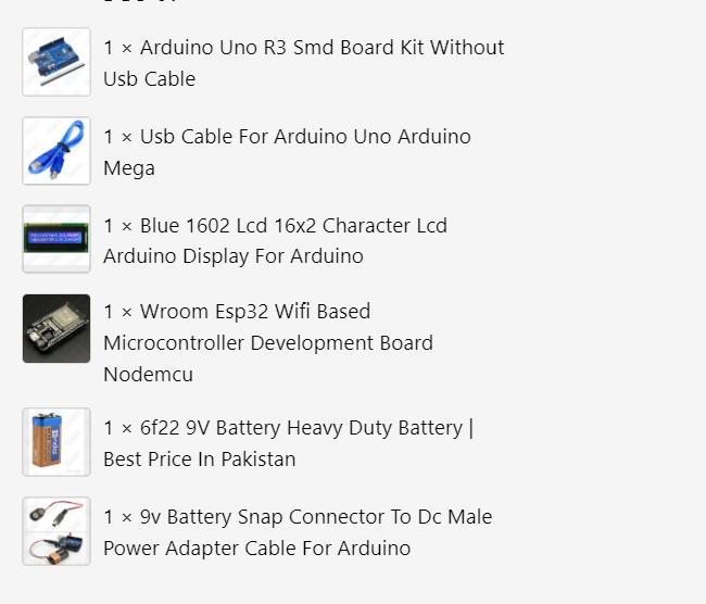 Beaconhouse Arduino Starter Kit - contents list including an Arduino Uno board, blue USB cable, 16x2 LCD, ESP32 board, 9V battery, and a battery connector.