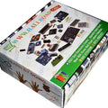 Beginner Arduino Uno Starter Kit - white with electronics components printed on the surface and store contact information on the side.