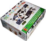 Beginner Arduino Uno Starter Kit - white with electronics components printed on the surface and store contact information on the side.