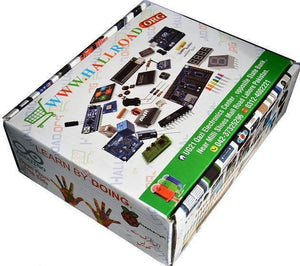 Beginner Arduino Uno Starter Kit - white with electronics components printed on the surface and store contact information on the side.