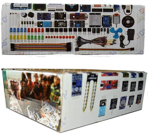 Beginner Arduino Uno Starter Kit - a printed layout of various electronic components, sensors, LEDs, and jumper wires on its sides.