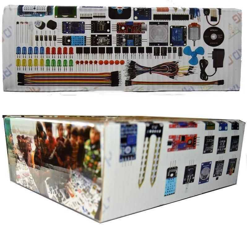 Beginner Arduino Uno Starter Kit - a printed layout of various electronic components, sensors, LEDs, and jumper wires on its sides.